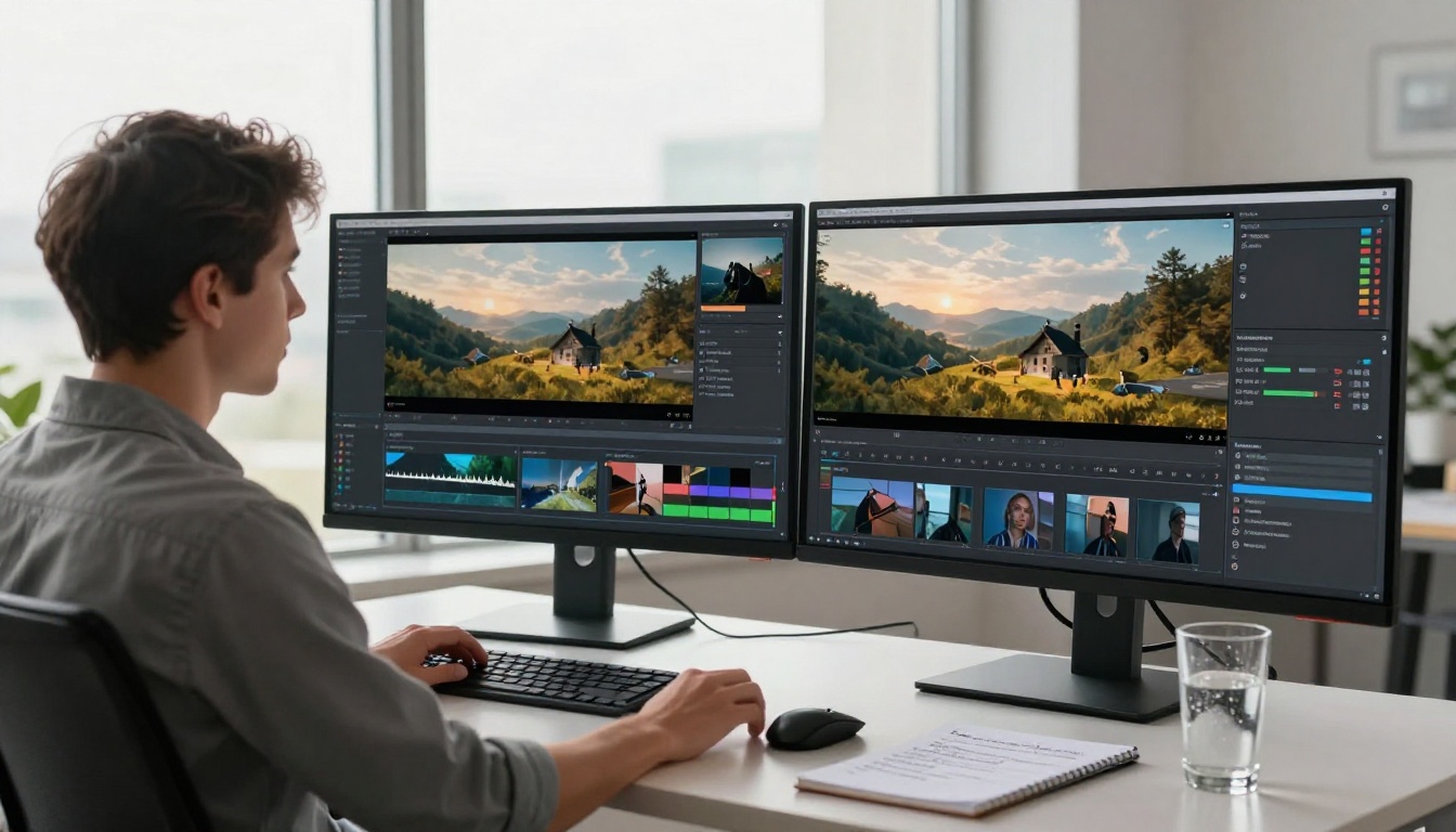 Professional video editor comparing clips on dual monitor workstation Professional video editor comparing clips on dual monitor workstation