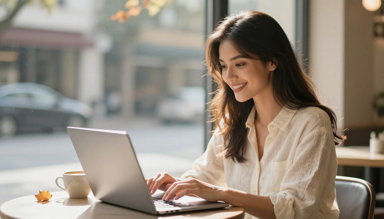 Young woman smiling while working on laptop in bright modern café Young woman smiling while working on laptop in bright modern café