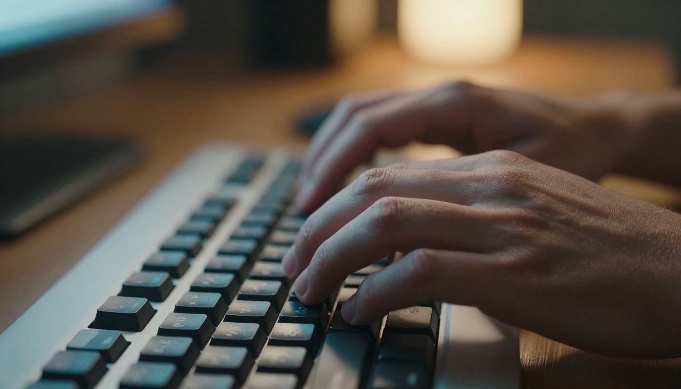 Close-up of hands typing rapidly on a mechanical keyboard, warm amber desk lamp light illuminating fingers, natural skin texture and realistic keycap detail Close-up of hands typing rapidly on a mechanical keyboard, warm amber desk lamp light illuminating fingers, natural skin texture and realistic keycap detail