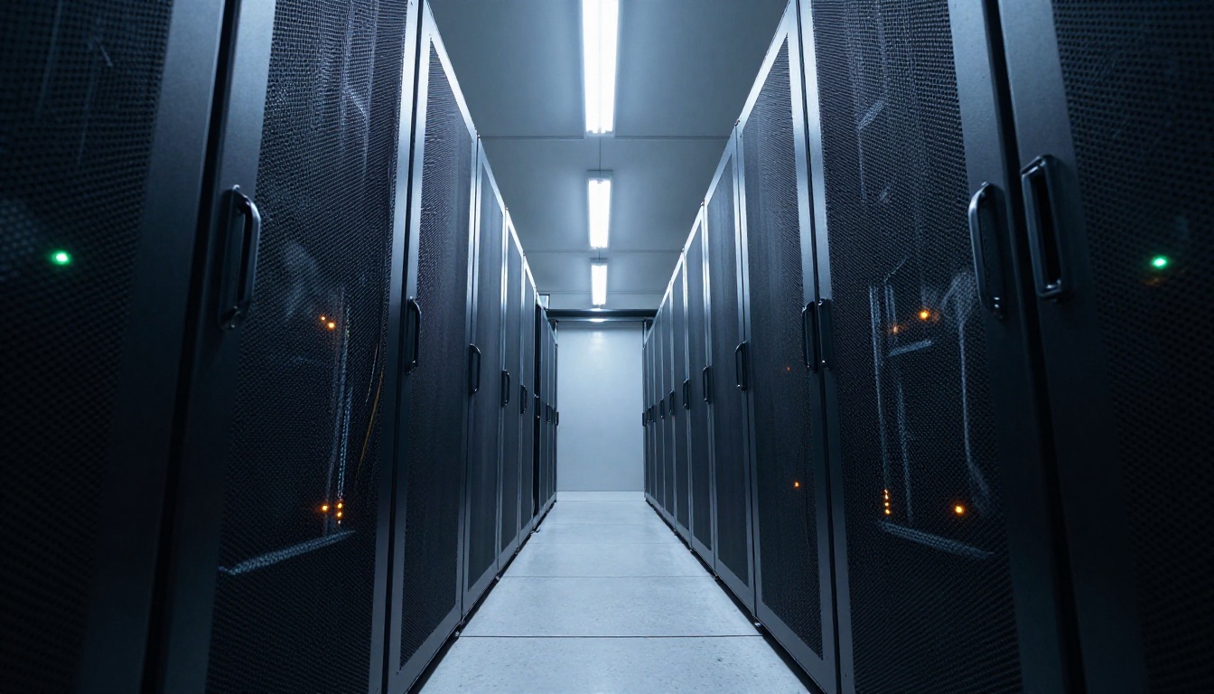 Dramatic low-angle shot looking up at two server rack towers in a professional data center corridor, realistic brushed aluminum textures and organized cable bundles Dramatic low-angle shot looking up at two server rack towers in a professional data center corridor, realistic brushed aluminum textures and organized cable bundles