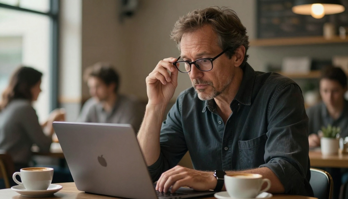 A thoughtful man with reading glasses slightly lowered looking over them at a laptop in a coffee shop, warm window light from the left A thoughtful man with reading glasses slightly lowered looking over them at a laptop in a coffee shop, warm window light from the left