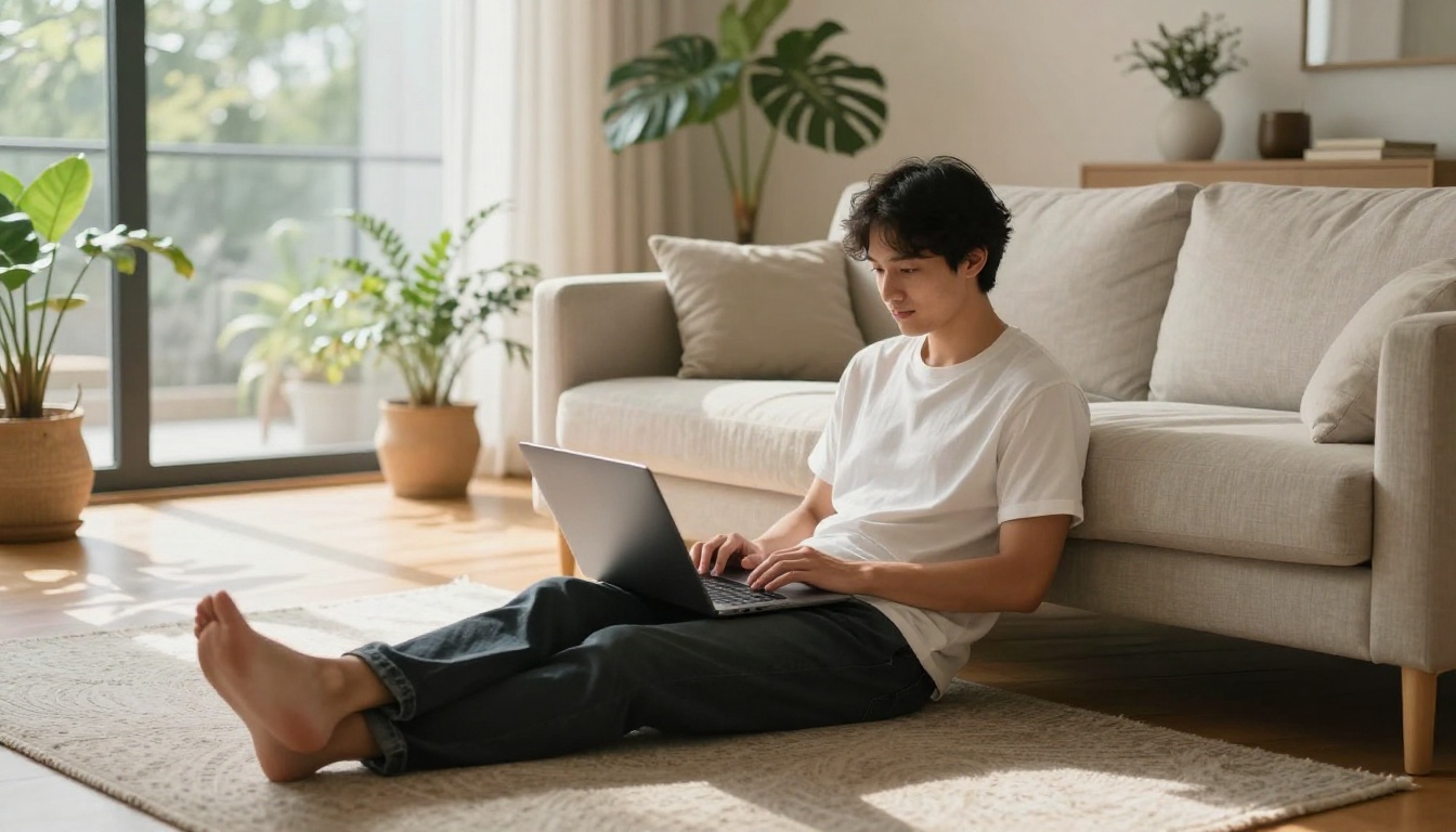 A young adult sitting on the floor against a linen couch with a laptop in a sunlit modern living room, indoor plants in the background A young adult sitting on the floor against a linen couch with a laptop in a sunlit modern living room, indoor plants in the background