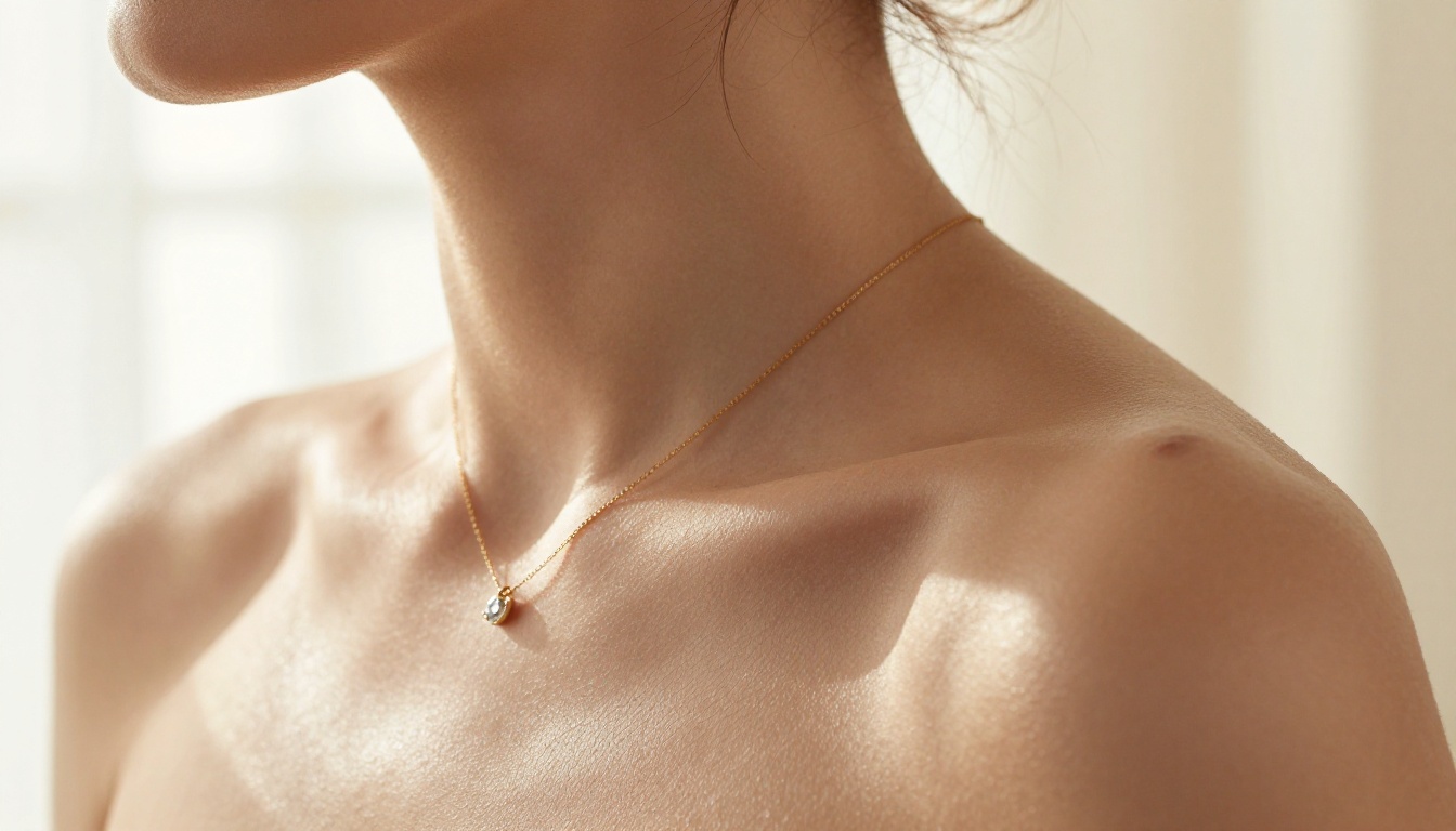 Close-up collarbone and shoulder skin texture detail, morning light