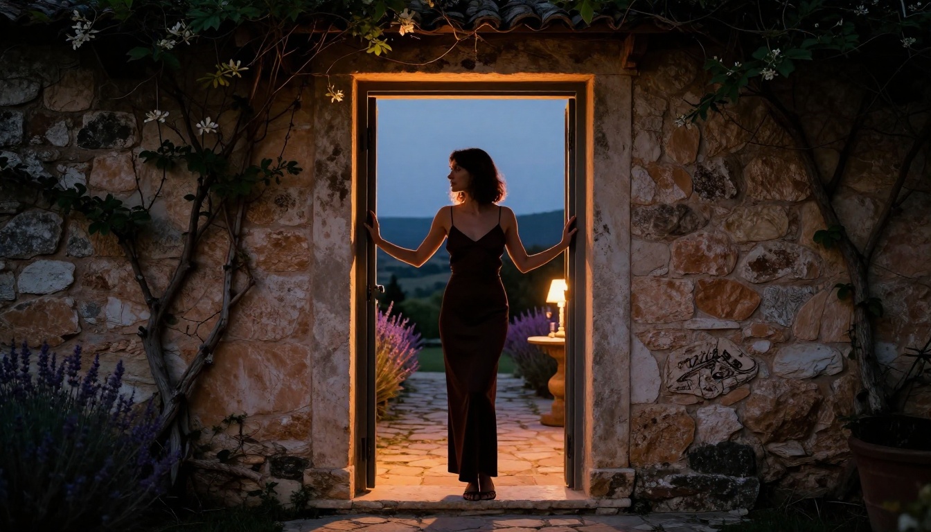 Backlit silhouette at stone villa doorway, Mediterranean dusk