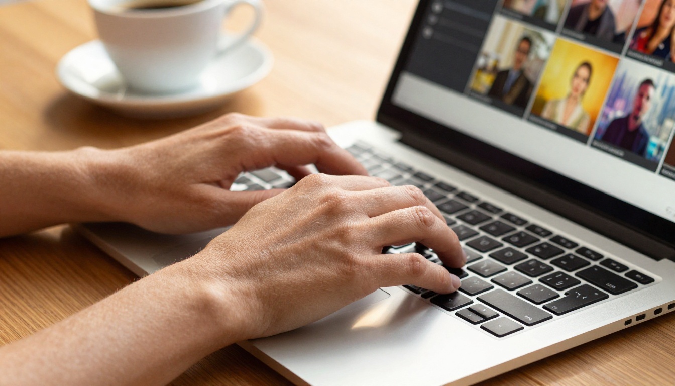 Close-up of hands working on a video editing interface on a laptop