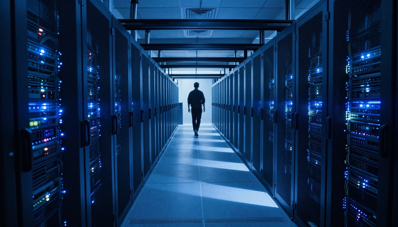 Wide server room with rows of illuminated racks and a lone technician walking through Wide server room with rows of illuminated racks and a lone technician walking through