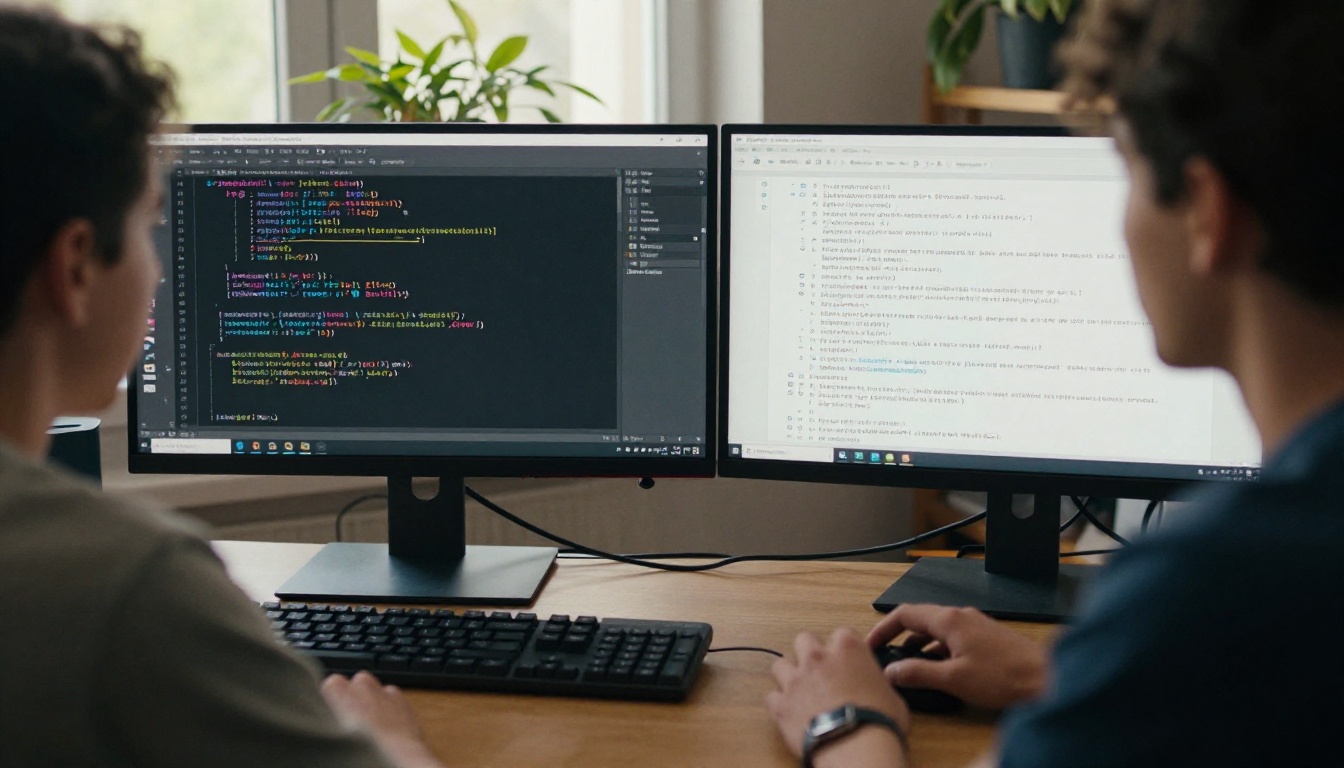 Developer looking at two monitors showing code and an AI chatbot conversation Developer looking at two monitors showing code and an AI chatbot conversation