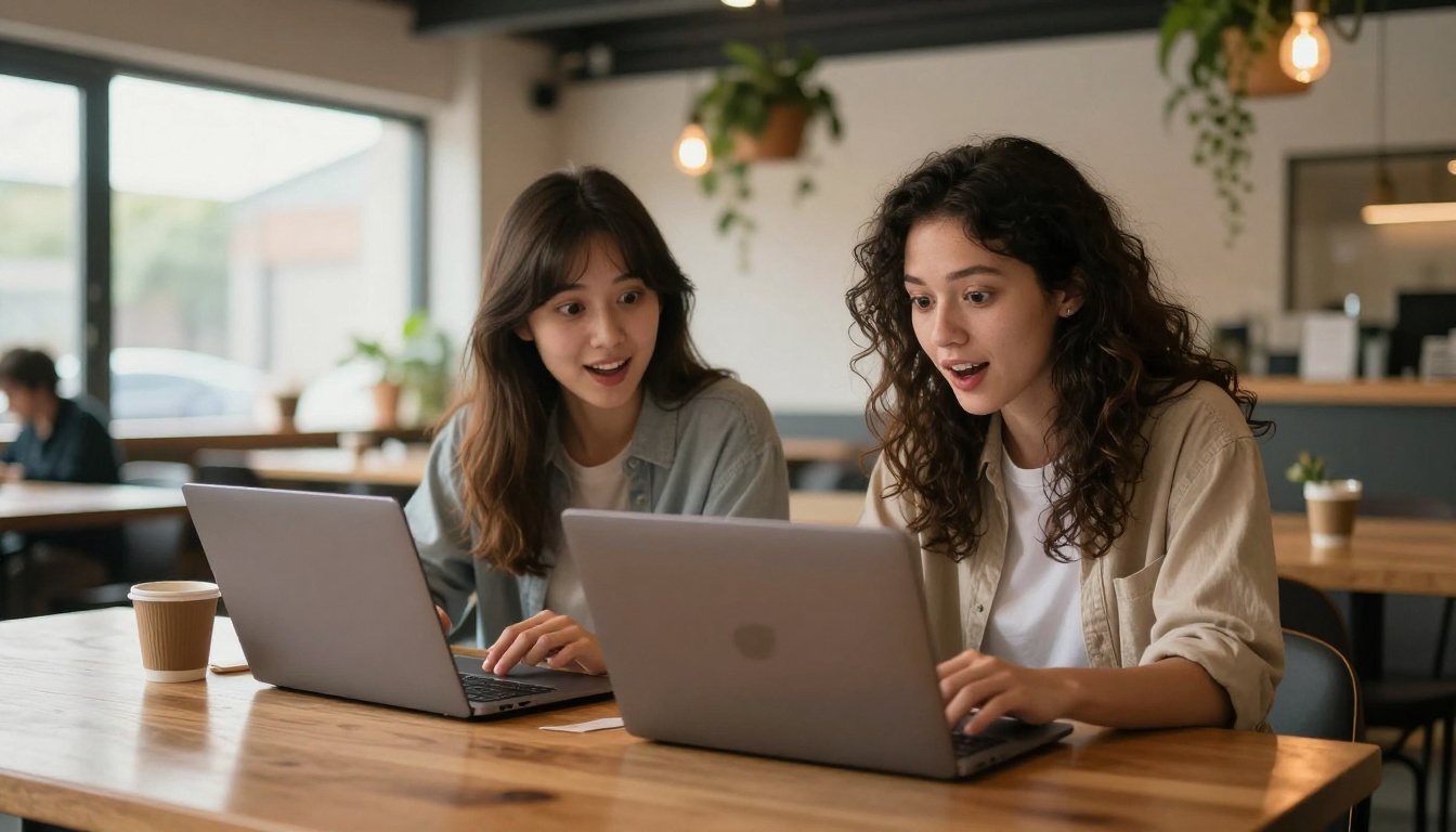Two young women at laptops in co-working space reacting with delight to AI-generated images Two young women at laptops in co-working space reacting with delight to AI-generated images