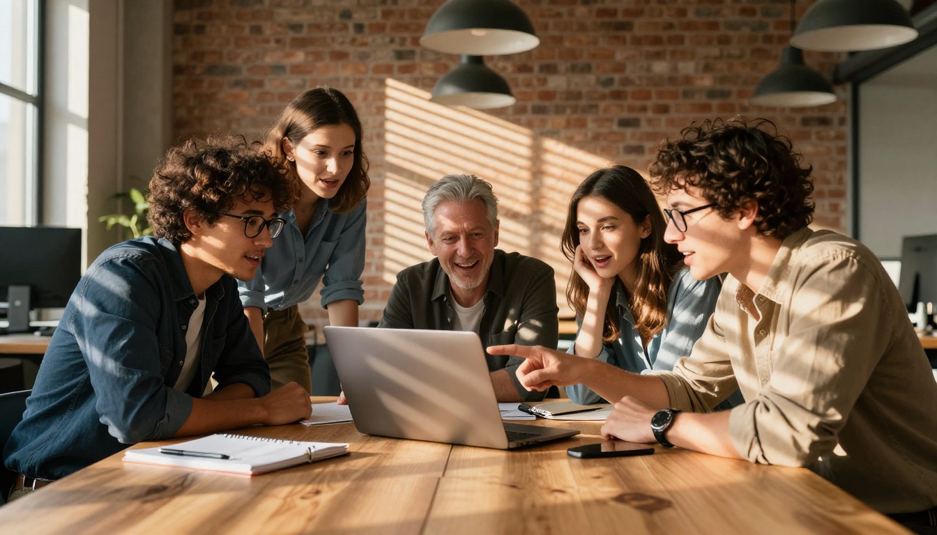 Three diverse tech professionals gathered around a laptop in an open-plan office with striped afternoon light Three diverse tech professionals gathered around a laptop in an open-plan office with striped afternoon light