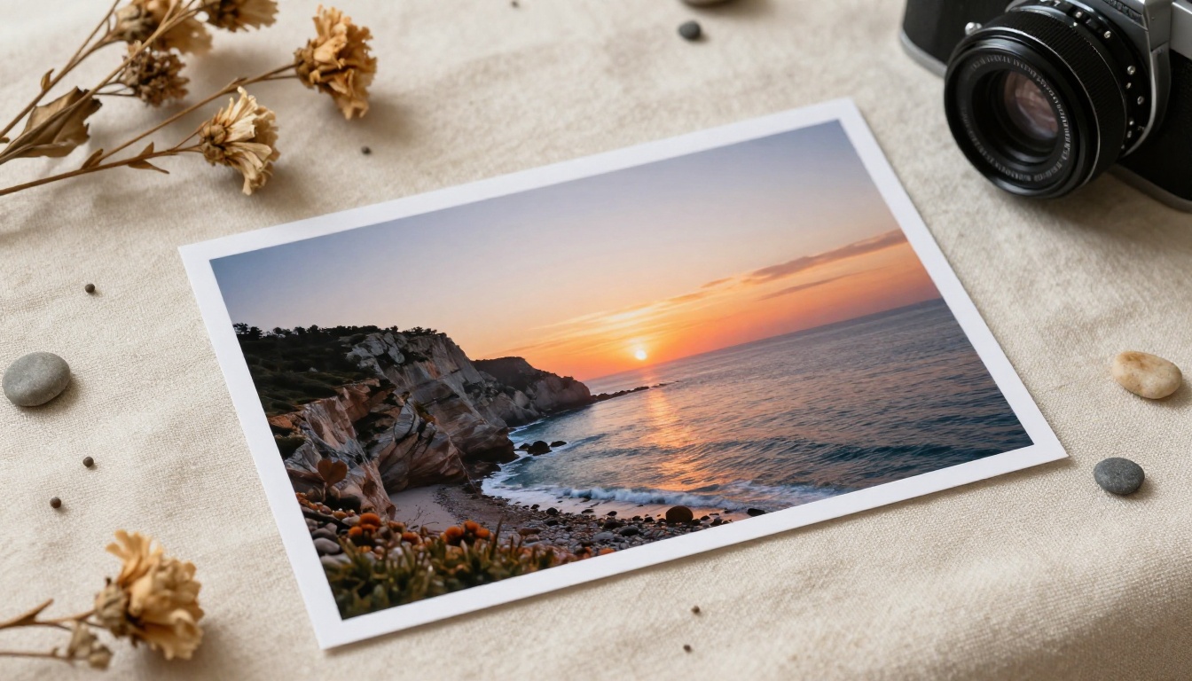 Flat lay still life with printed AI-generated coastal image surrounded by dried flowers and vintage camera Flat lay still life with printed AI-generated coastal image surrounded by dried flowers and vintage camera