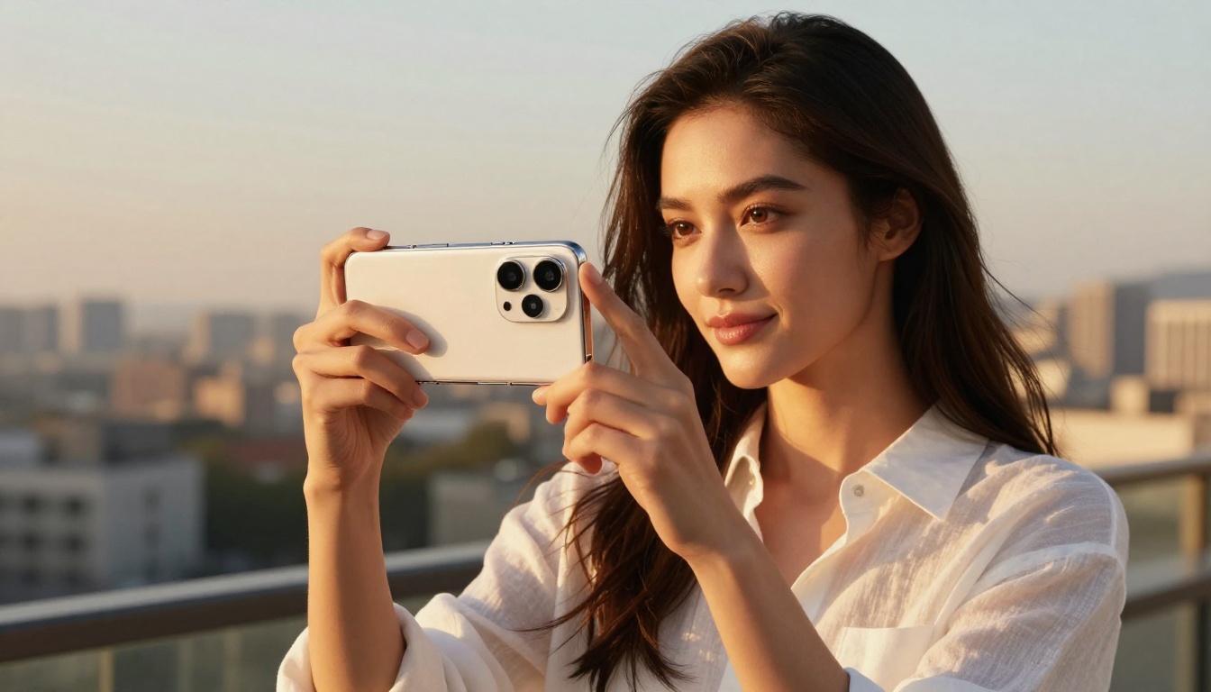A female model showcasing a premium smartphone in golden hour natural light