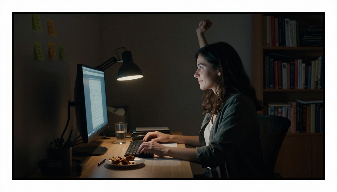Woman working late at night in a dark home office illuminated by desk lamp and monitor glow Woman working late at night in a dark home office illuminated by desk lamp and monitor glow