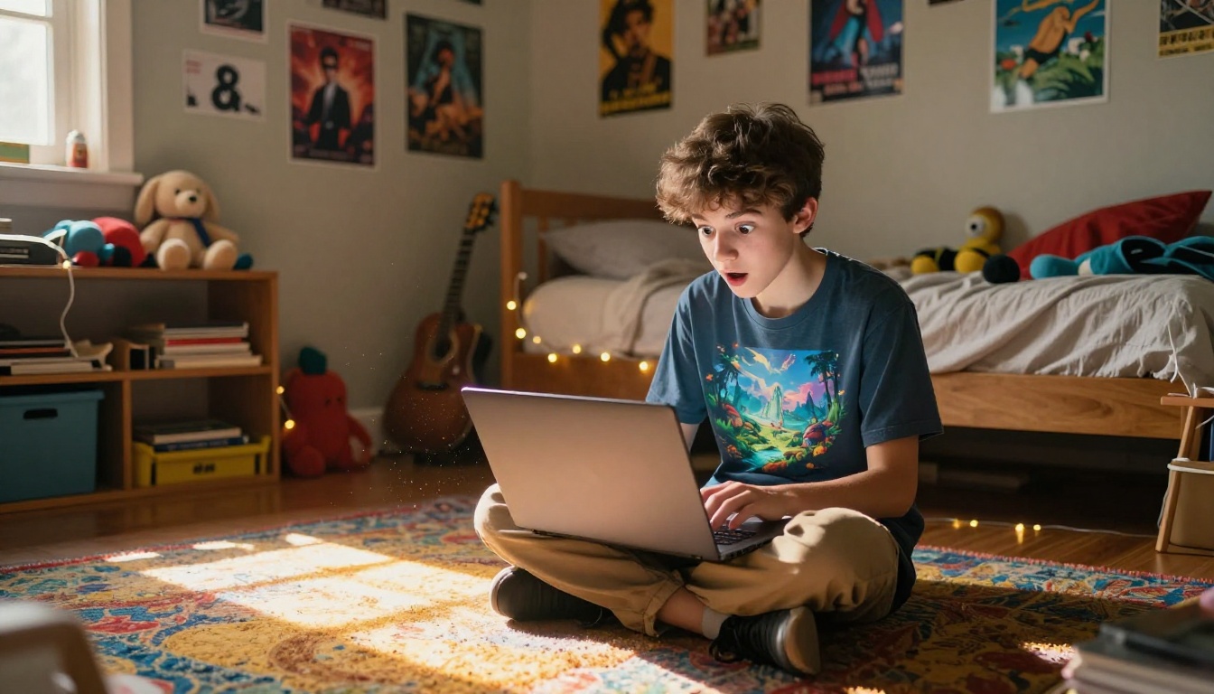 Teenager sitting cross-legged on bedroom floor staring with wonder at AI-generated landscape on laptop Teenager sitting cross-legged on bedroom floor staring with wonder at AI-generated landscape on laptop