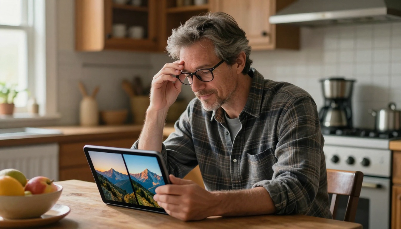 Man in his 40s at kitchen table comparing two AI-generated mountain images on tablet in morning light Man in his 40s at kitchen table comparing two AI-generated mountain images on tablet in morning light