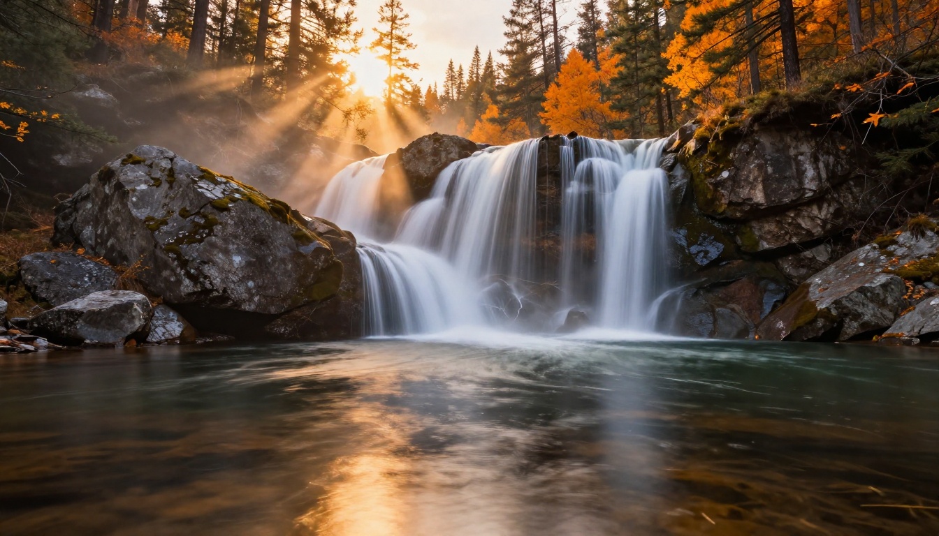 Long-exposure mountain waterfall at golden hour with silky water ribbons reflected in a perfectly still alpine lake