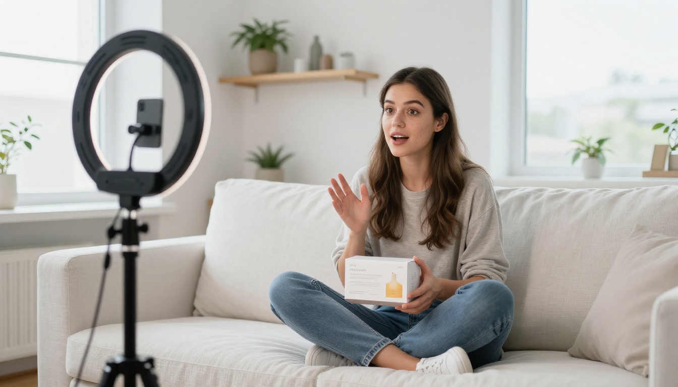 A content creator recording product content in a minimalist home studio