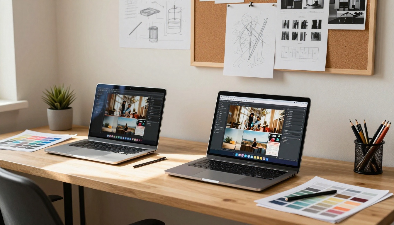 Creative professional studio with two open laptops and design mood boards in warm skylight