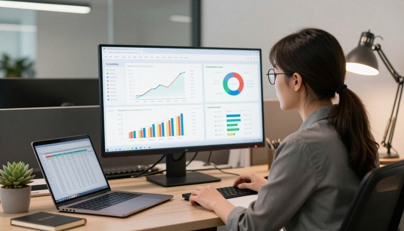 A data analyst reviewing video performance metrics on an ultrawide monitor