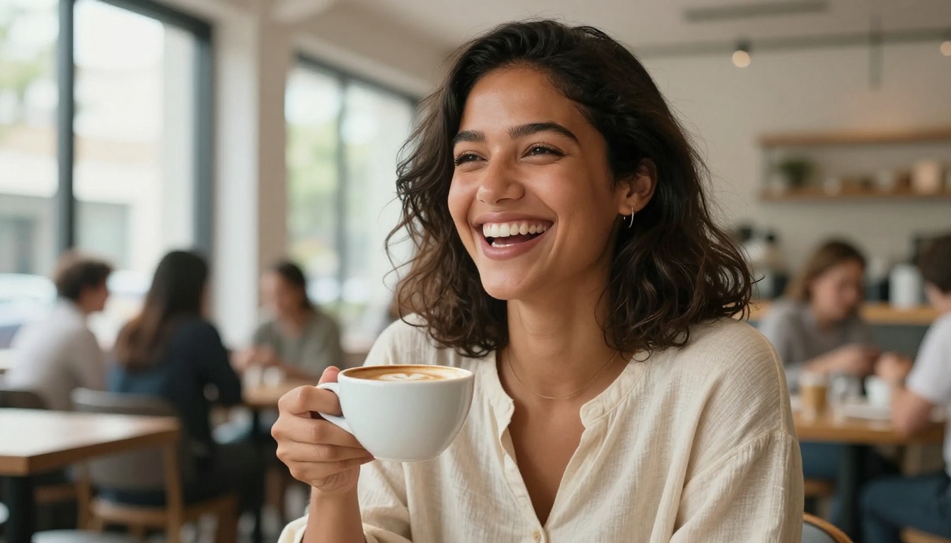 A radiant young woman laughing naturally with a white ceramic latte cup in a bright modern café
