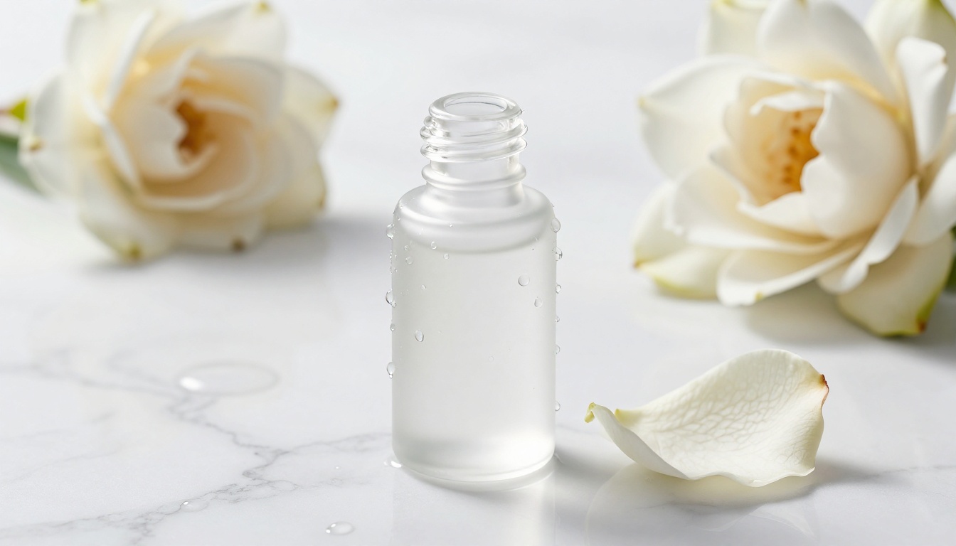 Luxury skincare serum bottle on white marble with water droplets and dramatic side studio lighting