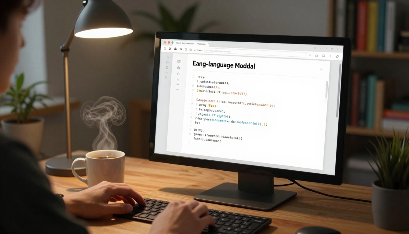 Over-the-shoulder view of a person at a desk, AI chat interface visible on the monitor with code generated from plain English