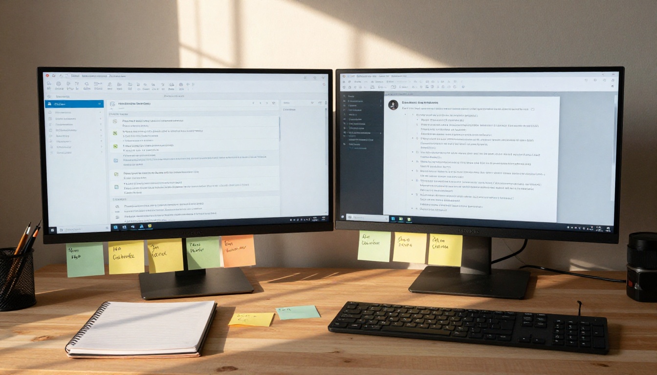 Wide view of a two-monitor home workspace showing an AI conversation on one screen and a project dashboard on the other