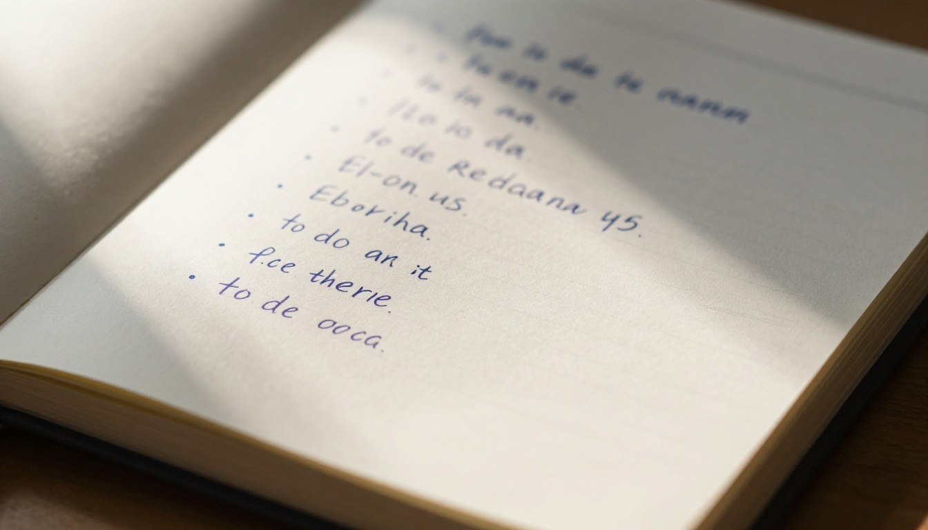 Close-up of a notebook with plain-English handwritten task descriptions beside a laptop keyboard