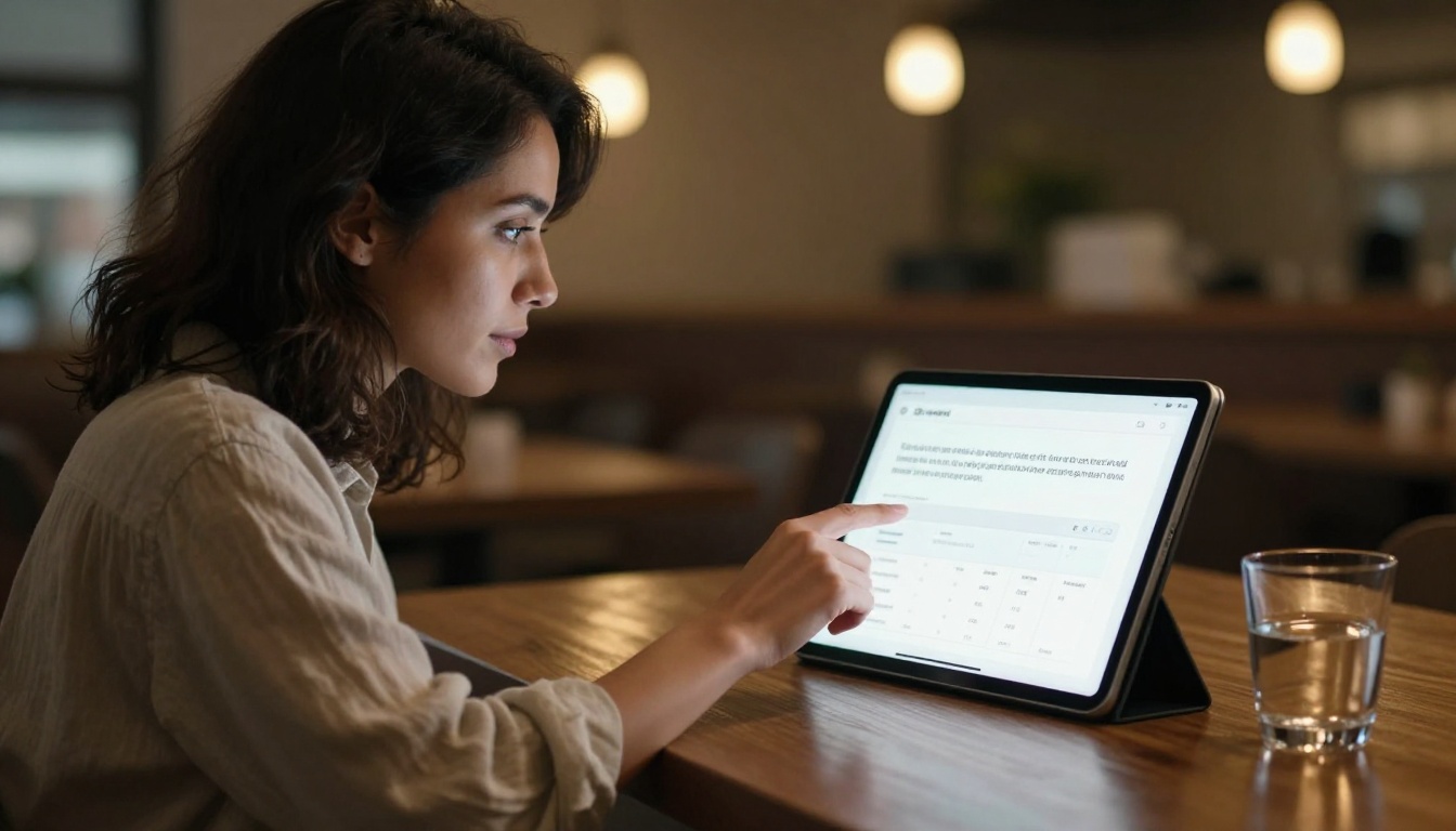 A woman at a restaurant table swiping through an AI interface on a tablet, converting plain text into a working workflow