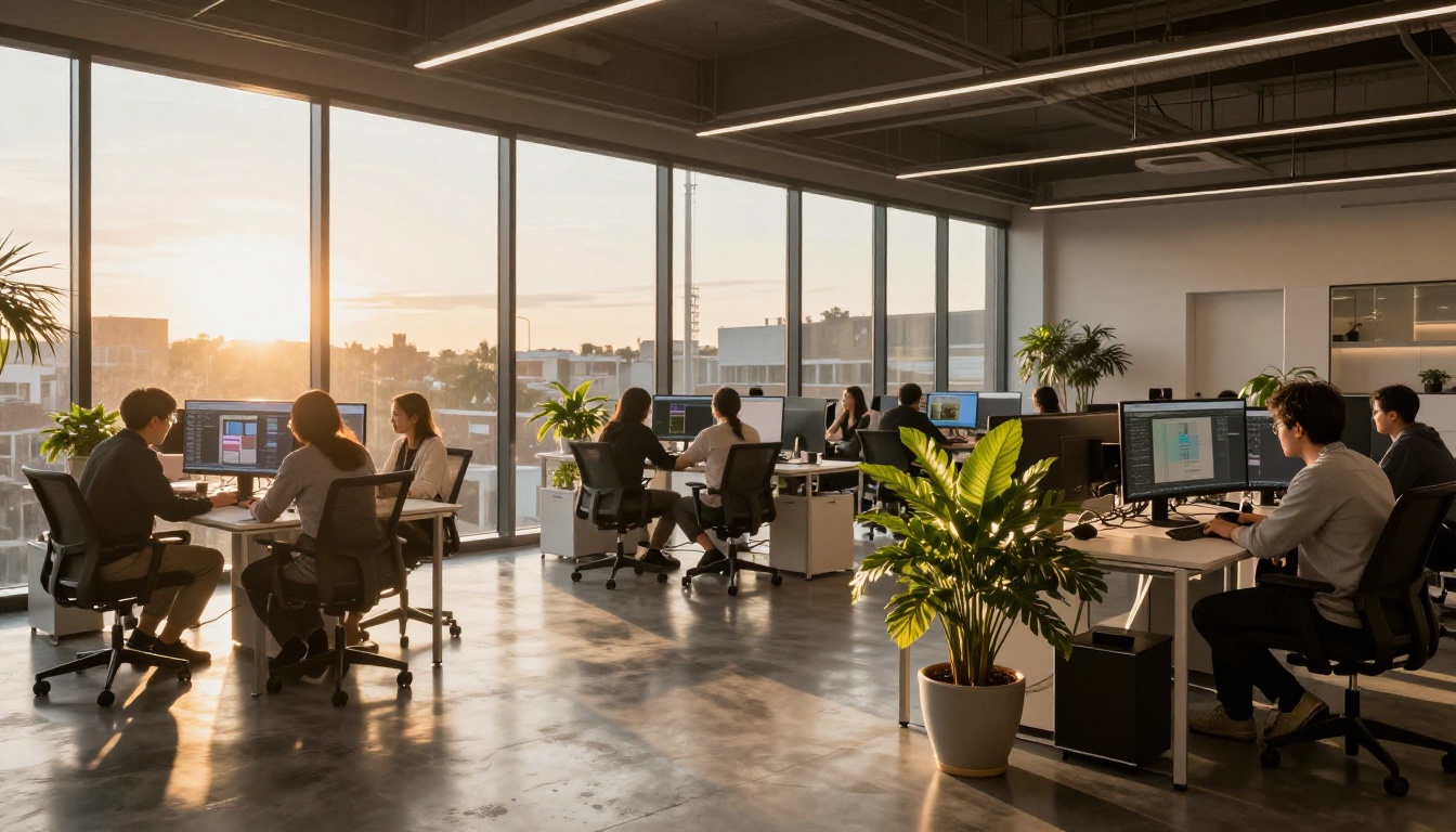 Modern open-plan tech office during golden hour with long shadows across the floor