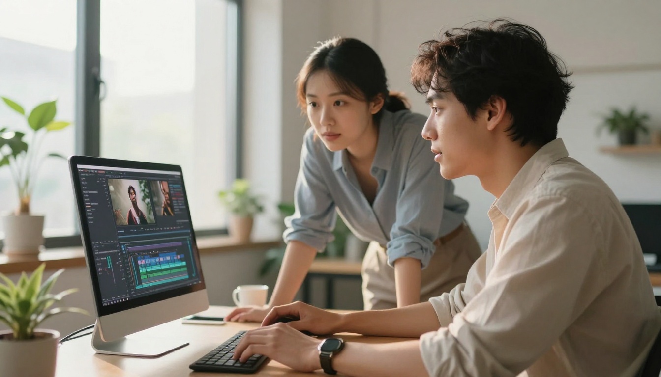 Two creative professionals collaborating over a shared video editing monitor