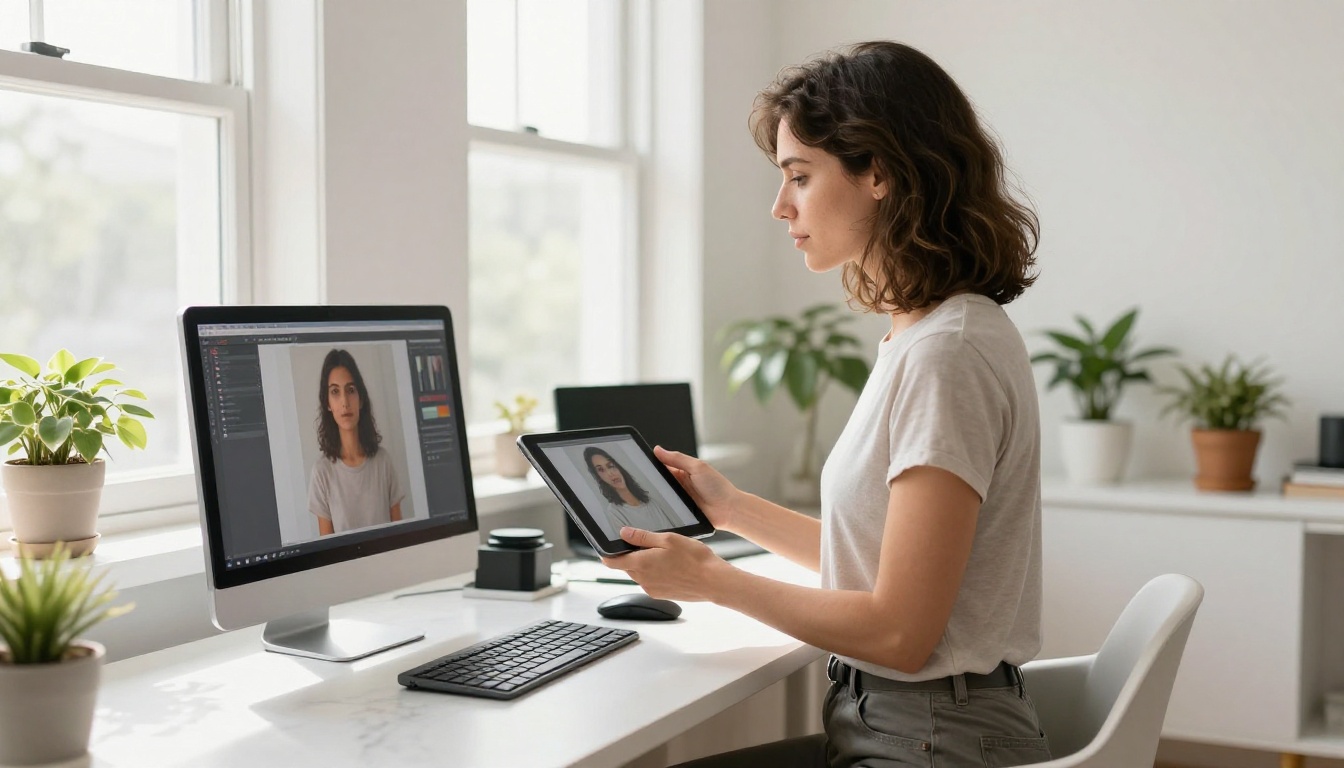Woman at a standing desk in a bright home studio reviewing AI image results on a tablet