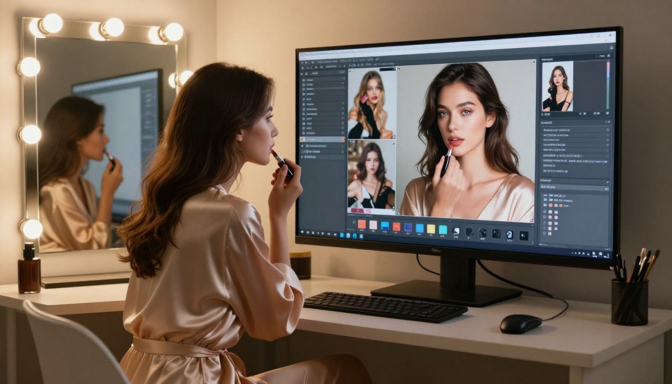 Creator at vanity mirror with AI monitor