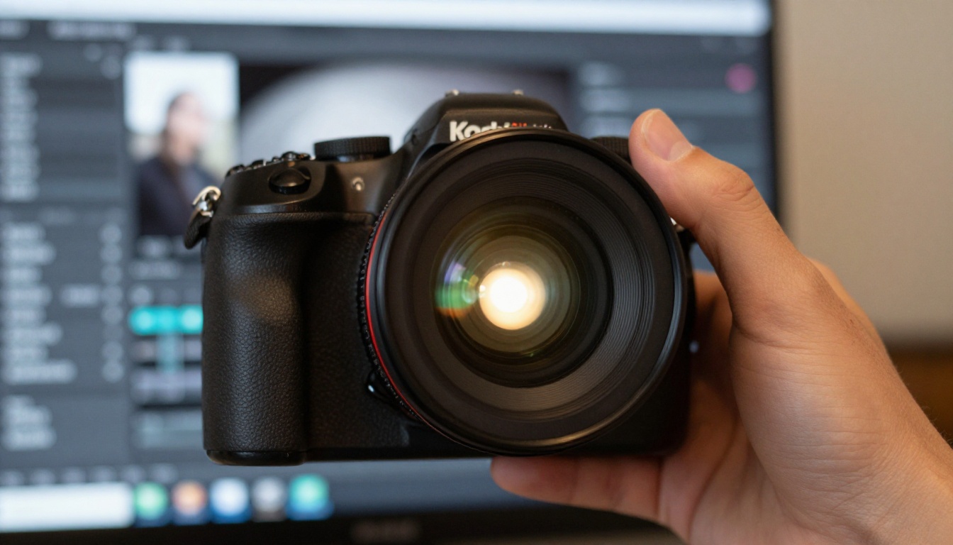 Camera close-up with AI editing software