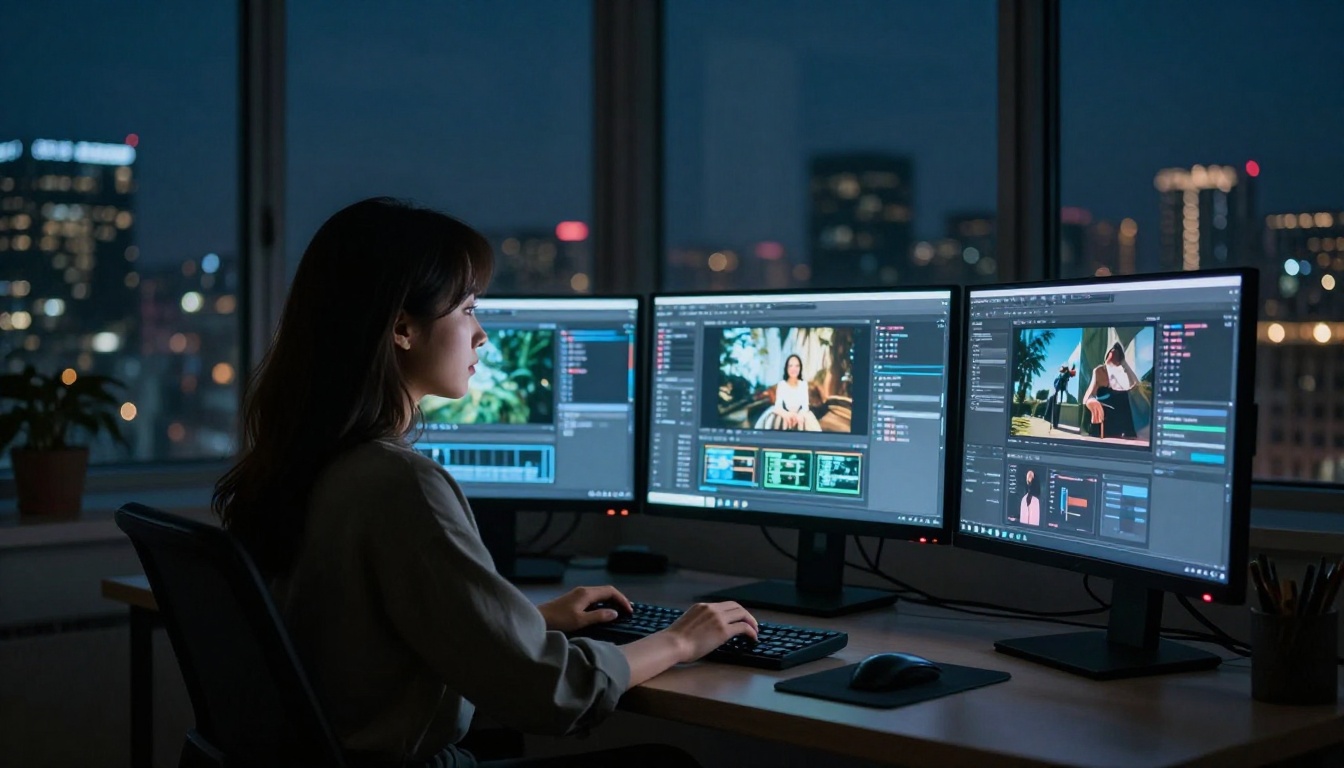 Creator at night workstation multi-monitor