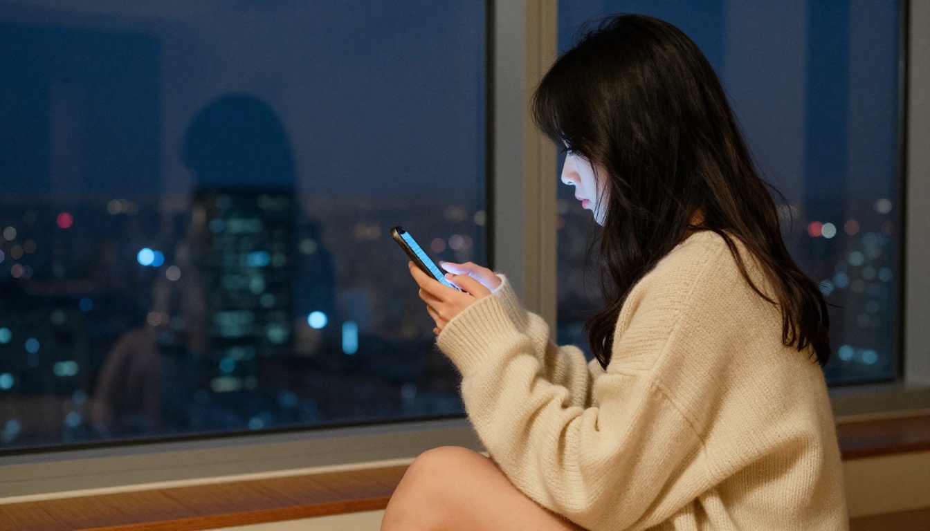 Young woman with long dark hair viewed from behind at a large window, city lights bokeh, night atmosphere, cinematic, photorealistic