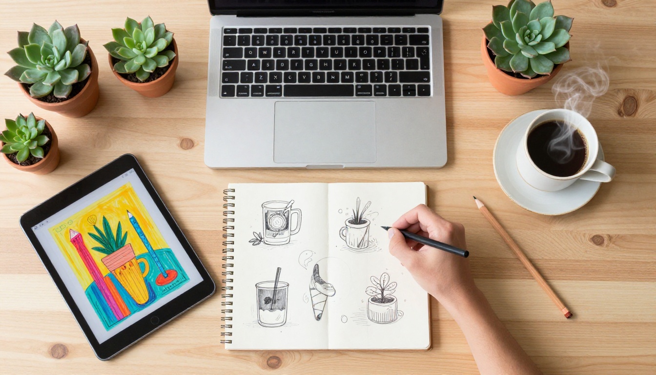 Creative workspace flatlay from directly above, laptop, tablet, sketchbook, colored pencils, coffee mug with steam, succulents, oak desk, natural daylight