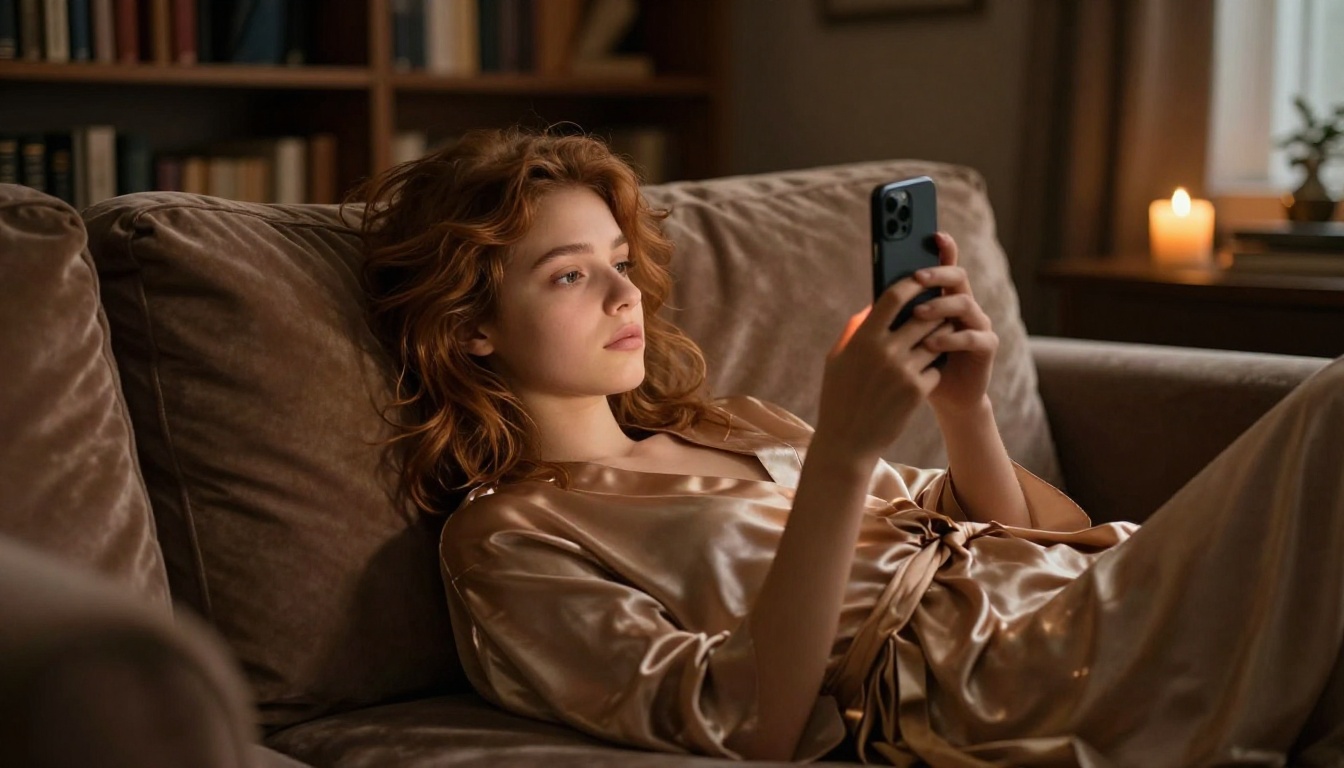 Woman relaxing on velvet sofa with phone in warm amber light