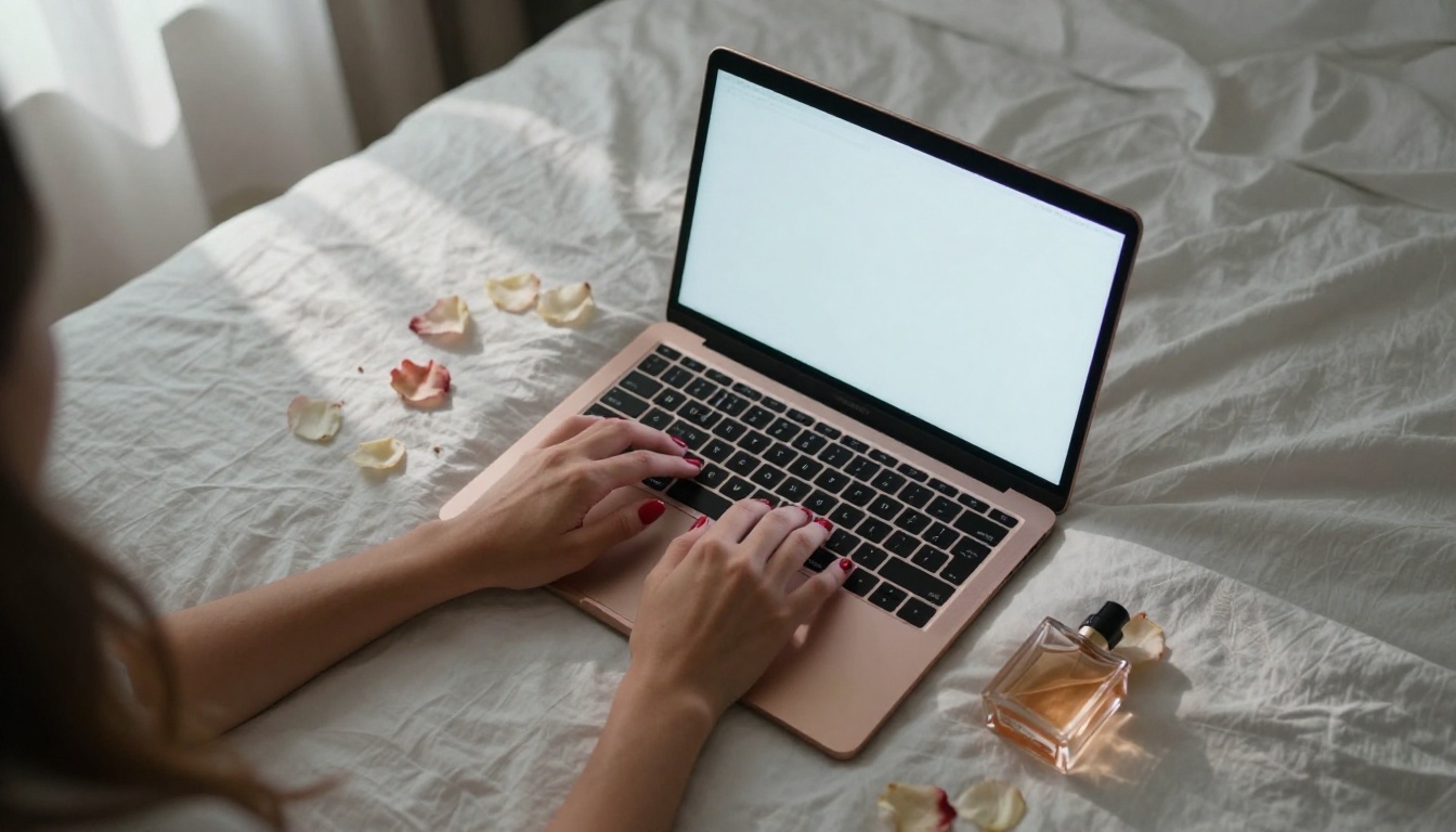 Aerial view of hands typing on rose-gold laptop on white linen bed