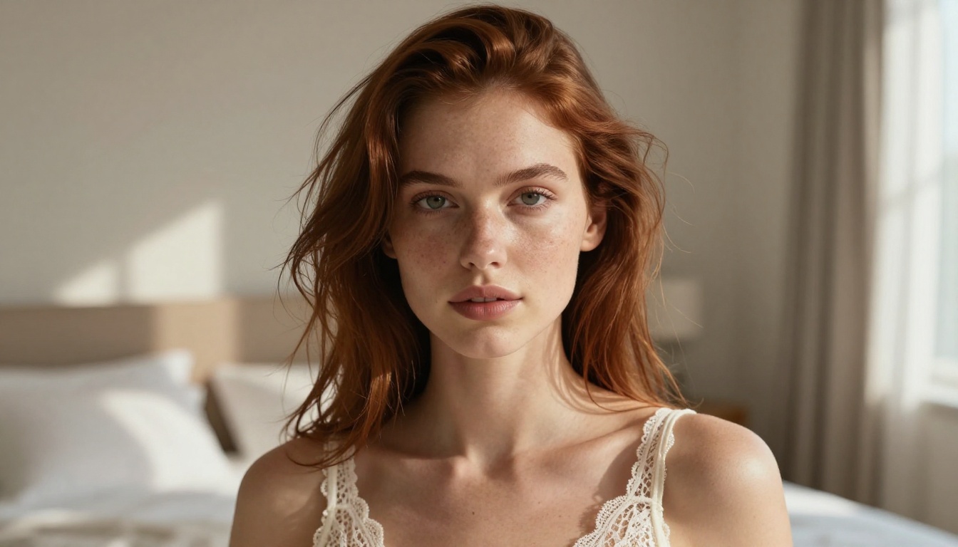 Woman in lace bralette, soft morning light portrait