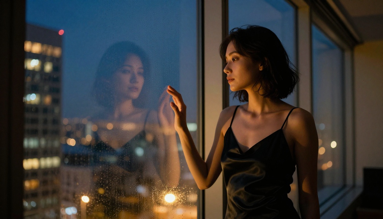 Woman in satin dress by floor-to-ceiling windows at night with city lights