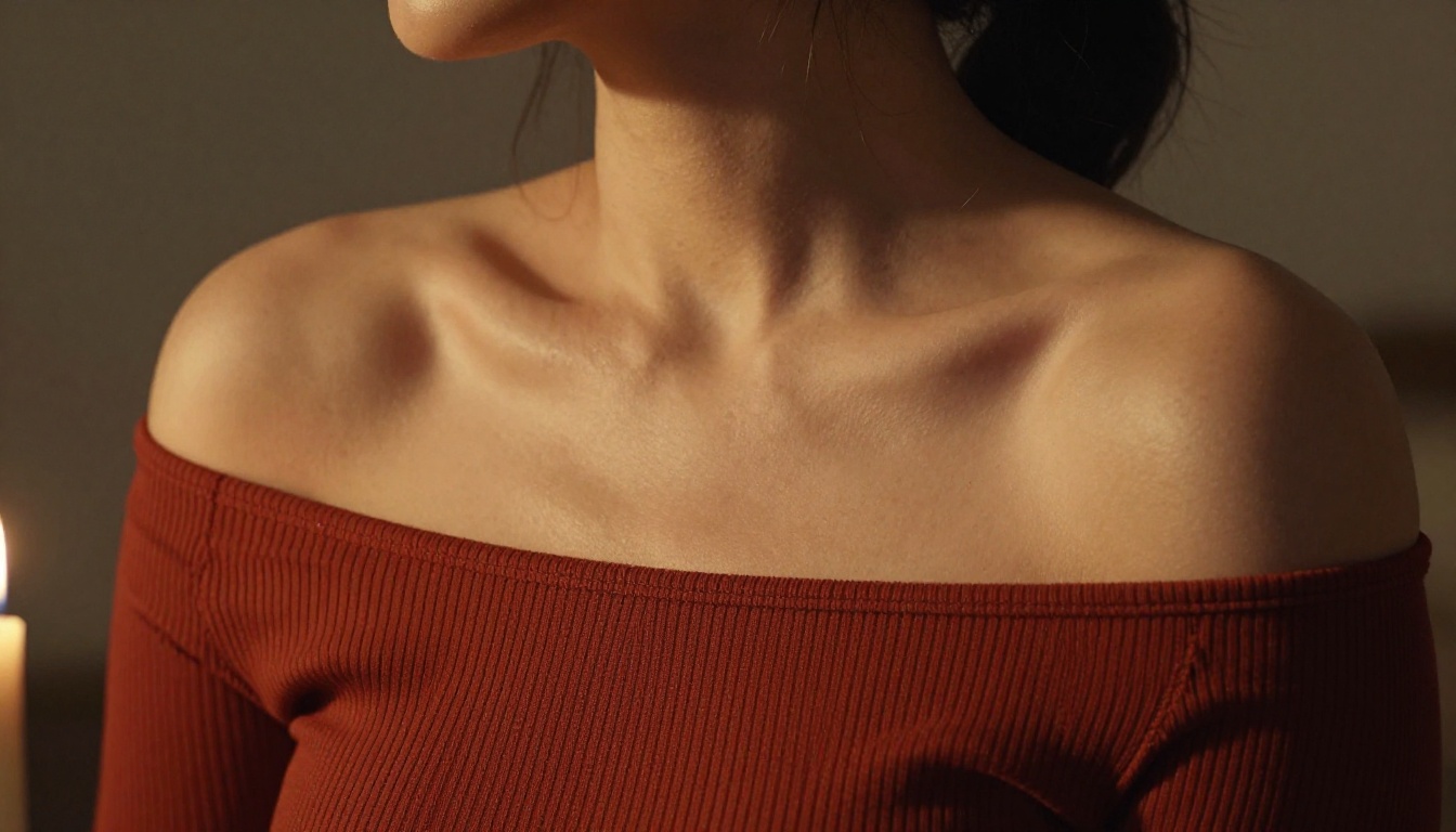 Intimate close-up of a woman's shoulder and collarbones in soft candlelight with rust-red off-shoulder top