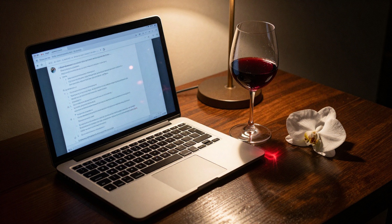 Laptop and red wine glass on dark oak desk showing chat interface