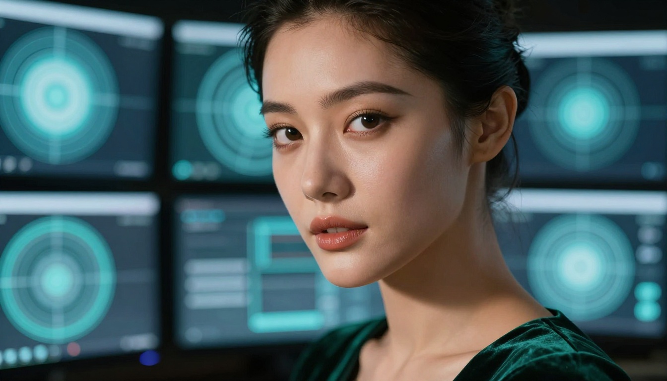 Close-up portrait showing AI content creation with detailed screen lighting Close-up portrait showing AI content creation with detailed screen lighting