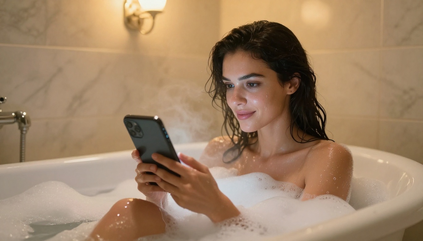 Woman in clawfoot bathtub with tablet showing soap bubbles and steam