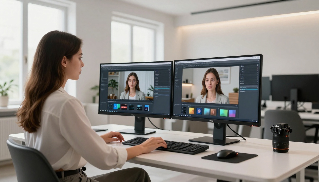 Two creators collaborating on AI video generation at a modern workstation Two creators collaborating on AI video generation at a modern workstation