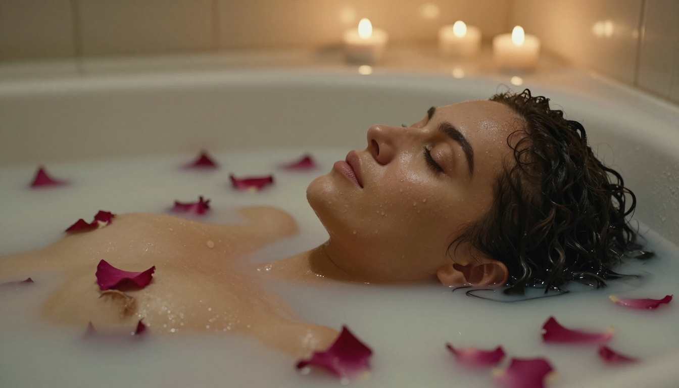 Woman in bathtub with candlelight, rose petals, artistic shot