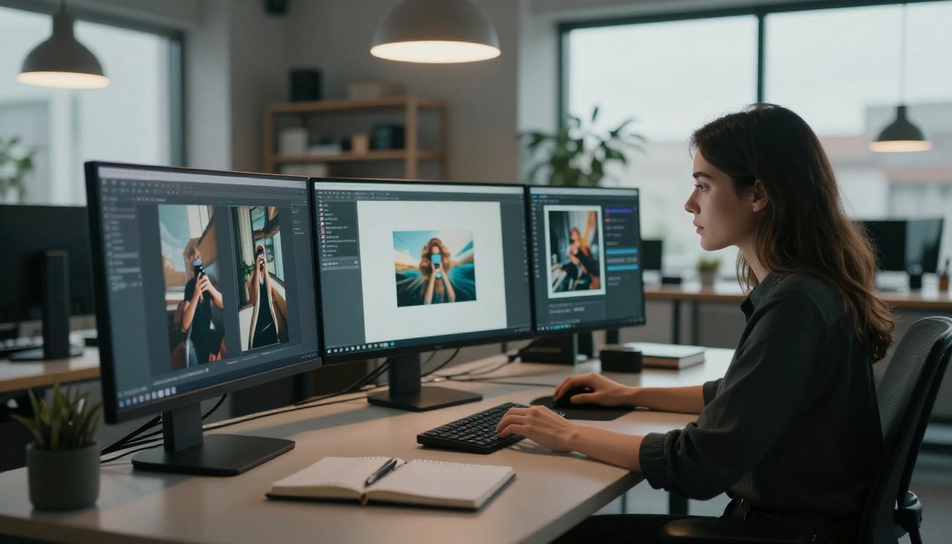 A professional creative studio with AI-generated imagery displayed across multiple monitors, a creator reviewing outputs