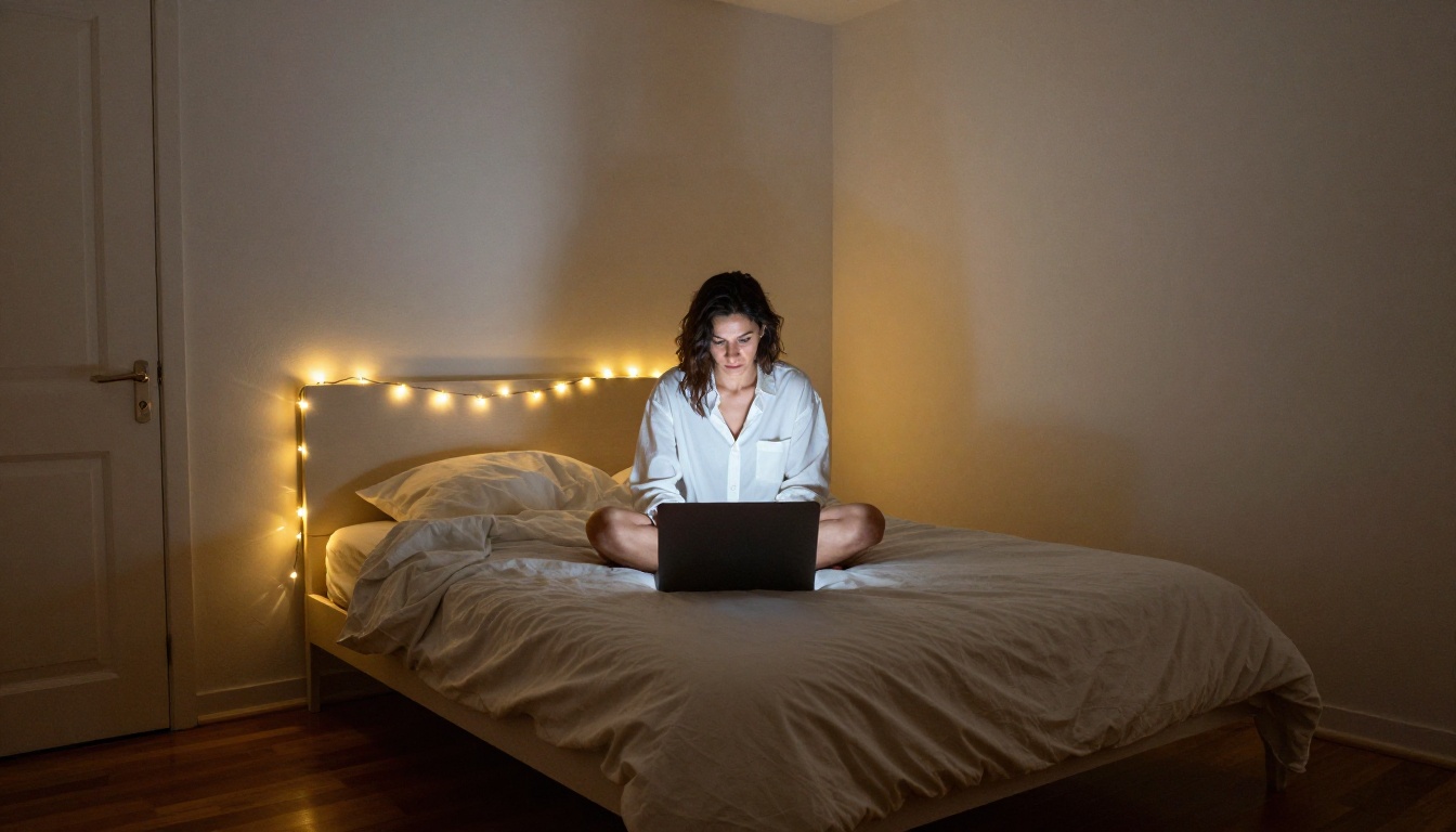 Woman on bed with fairy lights and open laptop, cozy intimate atmosphere