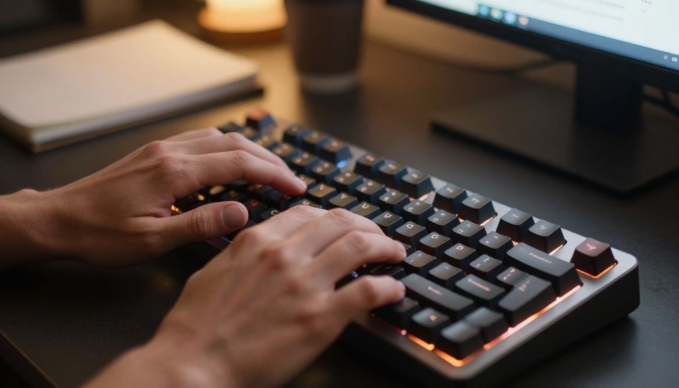 Hands typing AI prompt on keyboard close-up