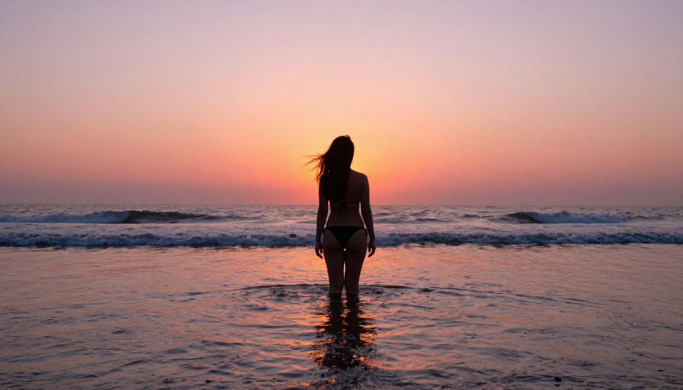 Woman in black bikini standing in ocean at sunrise, wide shot